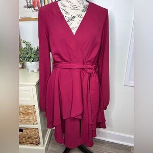 V-Neck Long Sleeve Ruffle Swing Dress